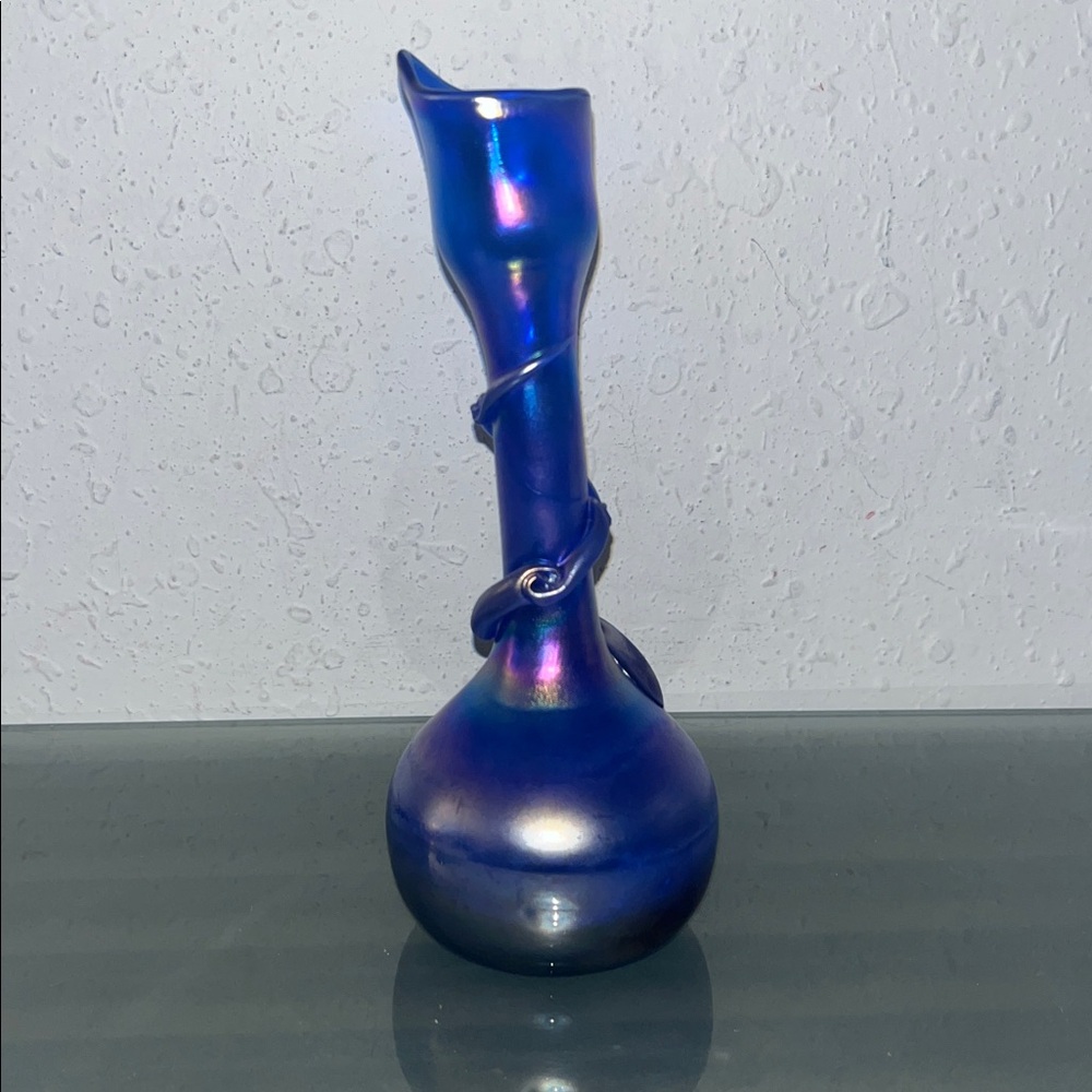 Silvestri Blown Glass Iridescent Vase with Carnival Glass-Like Finish - Signed